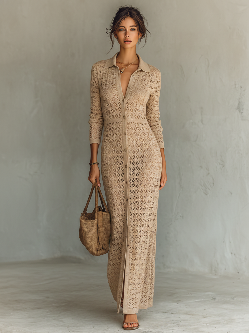 Women's Minimalist Openwork Knit Collared Single-breasted Maxi Dress (includes Slip Dress Underneath)MDA0966L4Y