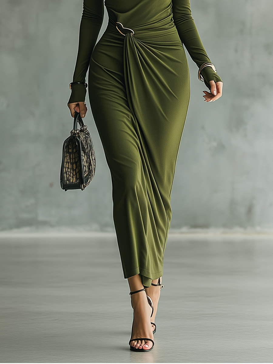 Women's Dark Olive Green High Elastic Knitted High Collar Slim Fit Maxi Dress MDA0855I8T