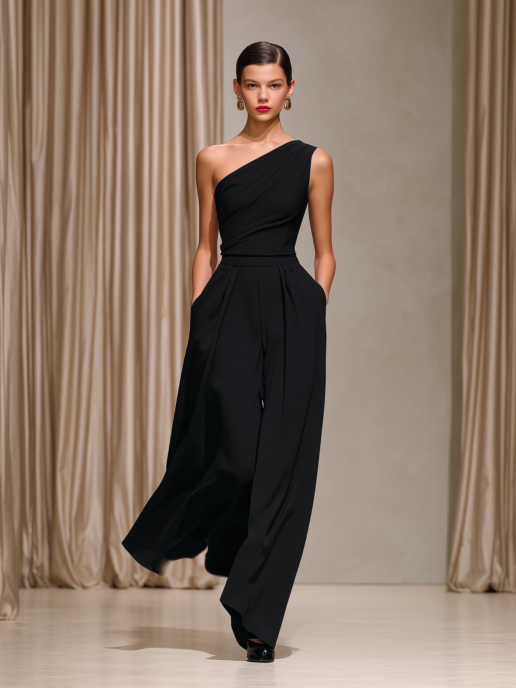 Women's Elegant Black Stretchy Knit Sleeveless One-shoulder Top And Wide-leg Pants Set MDZ0515A4AN