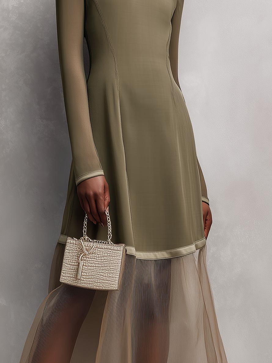 Women's Elegant Gray-green Round Neck Long-sleeved Slim-fit Stretch Knit Midi Dress MDA2329L4AN