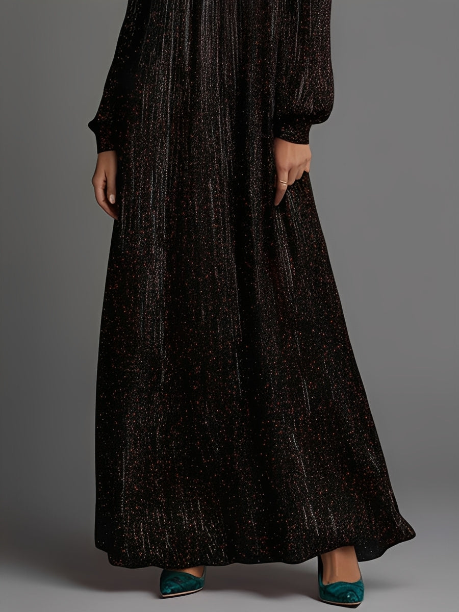 Women's Black Glittery Knit Elegant Maxi Dress With High Neck & Puff Sleeves, Glamorous Evening Dress MDA2791J6I