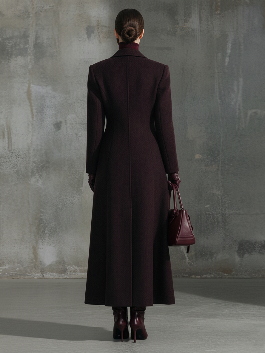 Women's Elegant Wool-Blend Burgundy Peak-Lapel Fitted Maxi Coat MDA1739L4AU