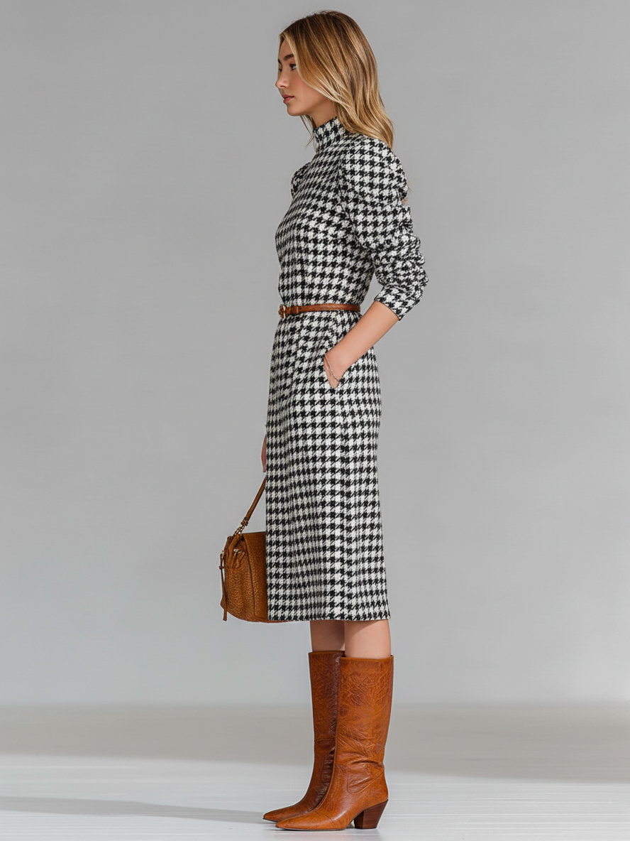 Women's Houndstooth Half-Turtleneck Long-Sleeved Belted Midi Dress MDA2905I9Y