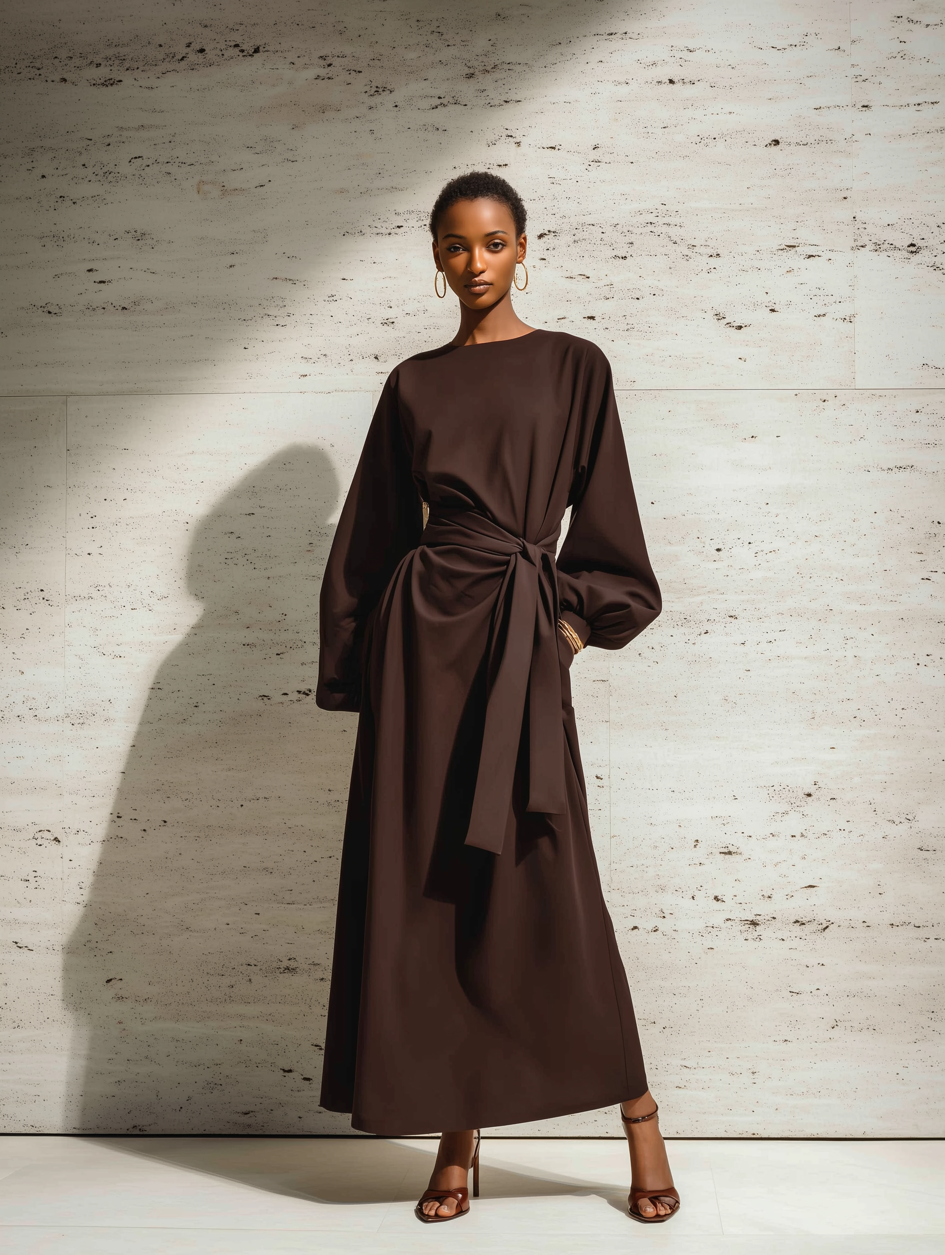Women's Elegant Brown Round-neck Woven Loose-fitting Long-sleeved Maxi Dress With Belt MDA2548L1AN