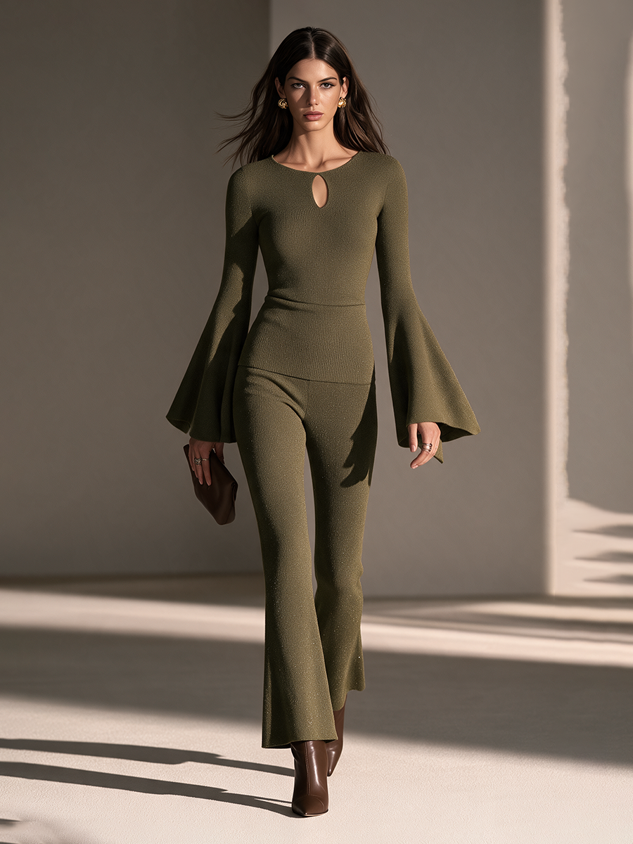 Women's Round-Neck Keyhole Flare-Sleeve Slim Top And Flare Pants Set MDZ2837H3CMX