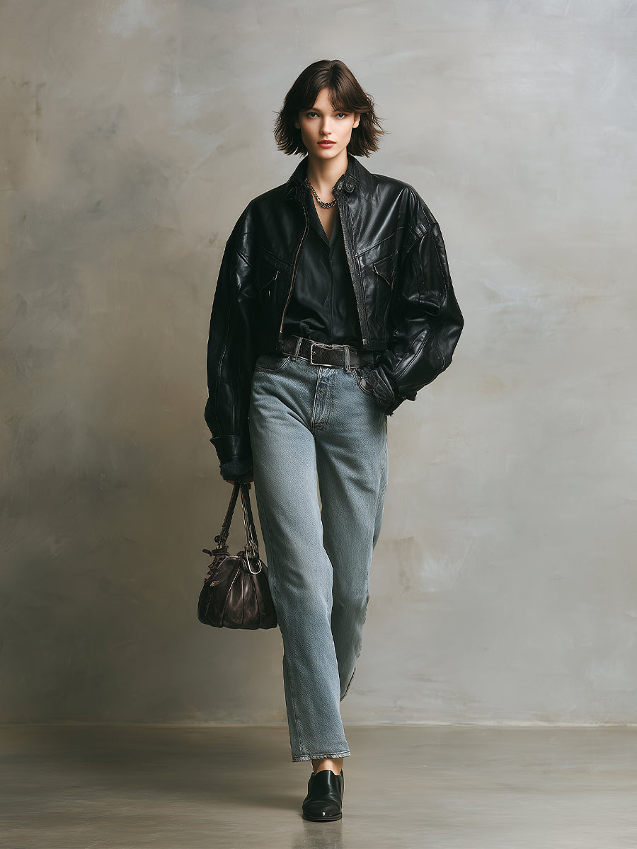 Women's Black Edgy PU Leather Oversized Biker Jacket MDA2614H3I