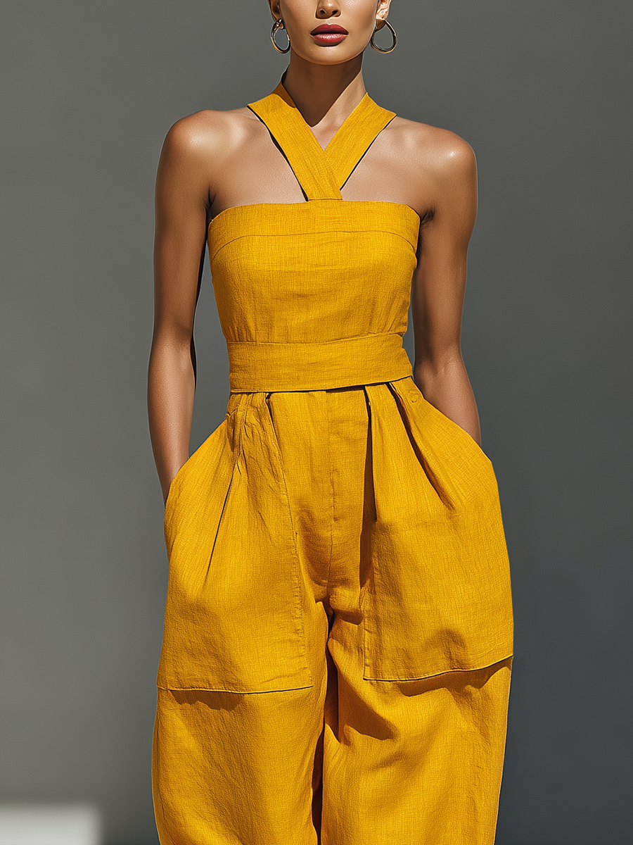 Women's Mustard Yellow Linen-Blend Jumpsuit With Crisscross Neckline & Relaxed Trousers MDZ2808B6T