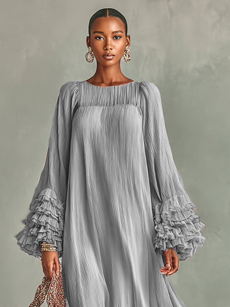Women's Loose Pleated Chiffon Round Neck Long Sleeves Cuffs Ruffle Maxi Dress MDA1411G7Y