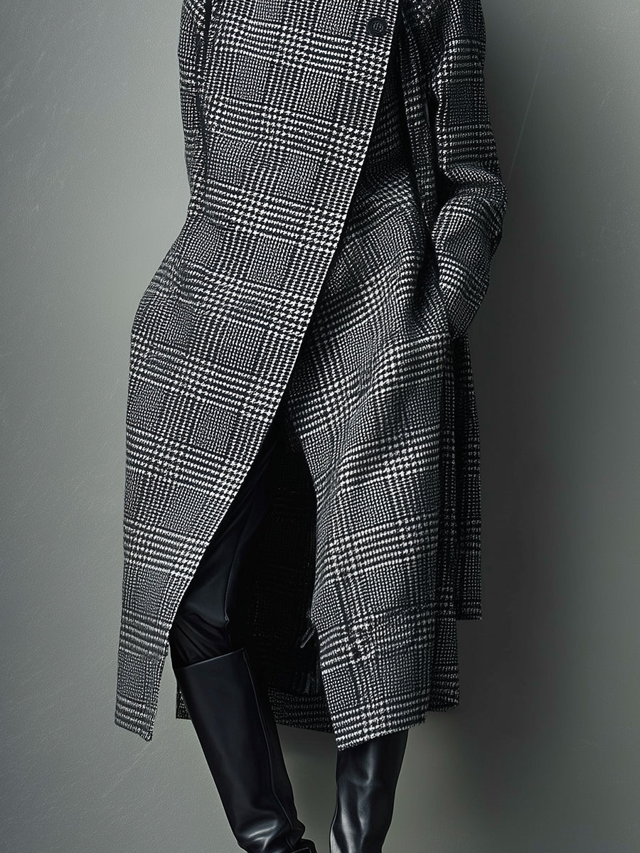 Women's Black & White Plaid Avant-Garde Maxi Coat With Asymmetric Closure & High Collar, Edgy Fashion Coat MDA2795J0I