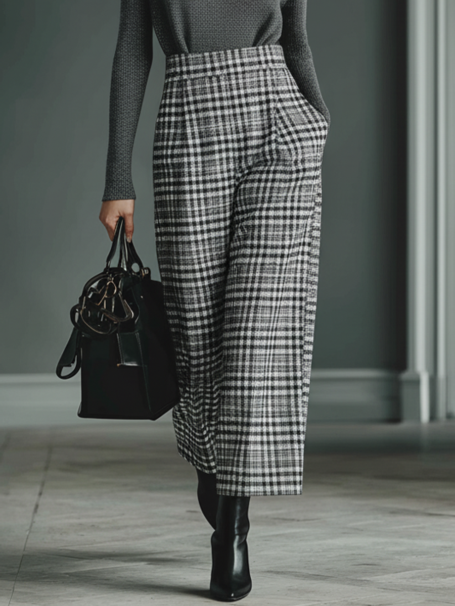 Women's Grey Knit Turtleneck Top Paired With A Black And White Checkered Wool Straight Skirt Set MDA2593J6T