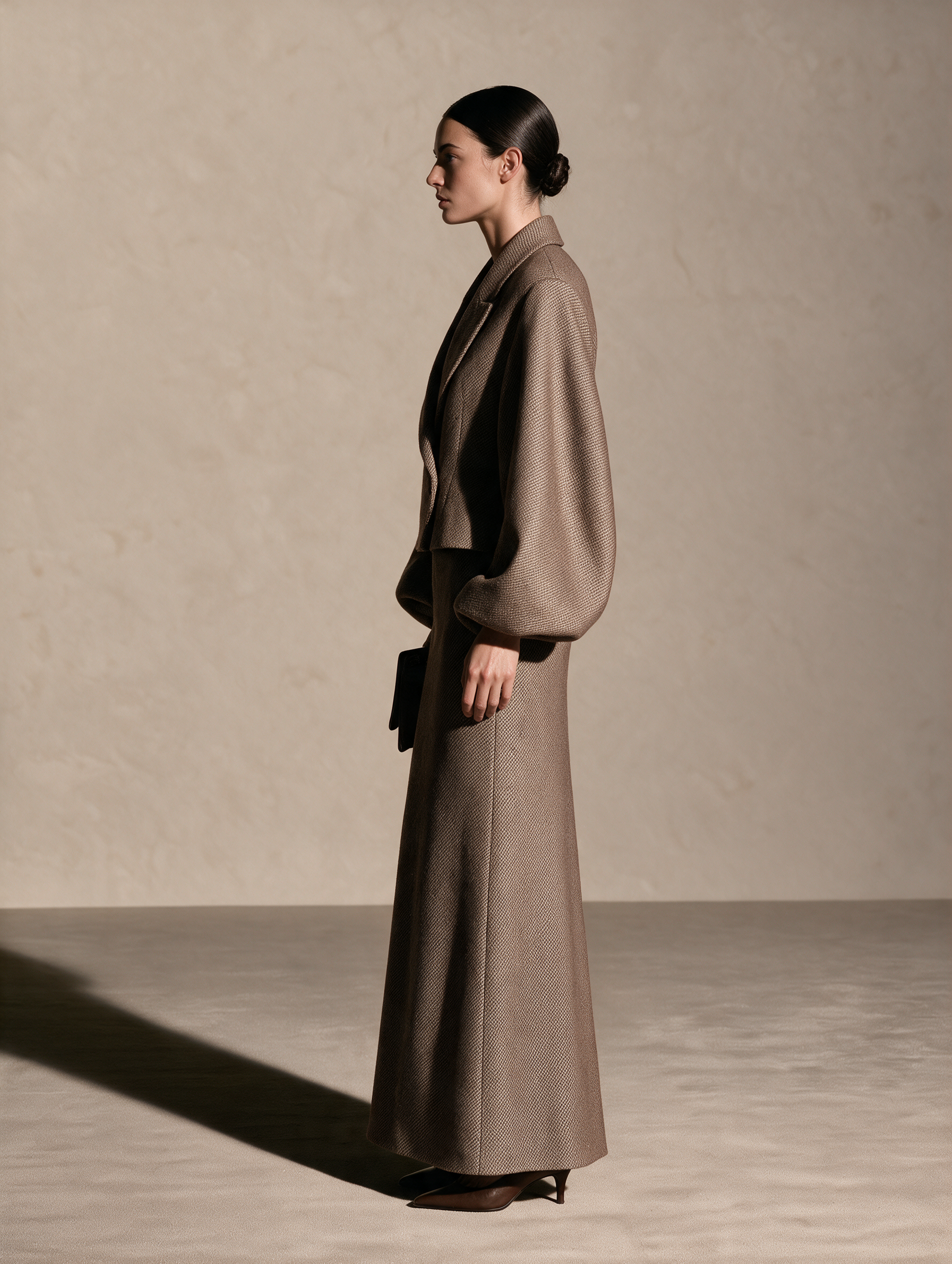 Women's Woolen Lapel Blazer Brown Maxi Skirt Set