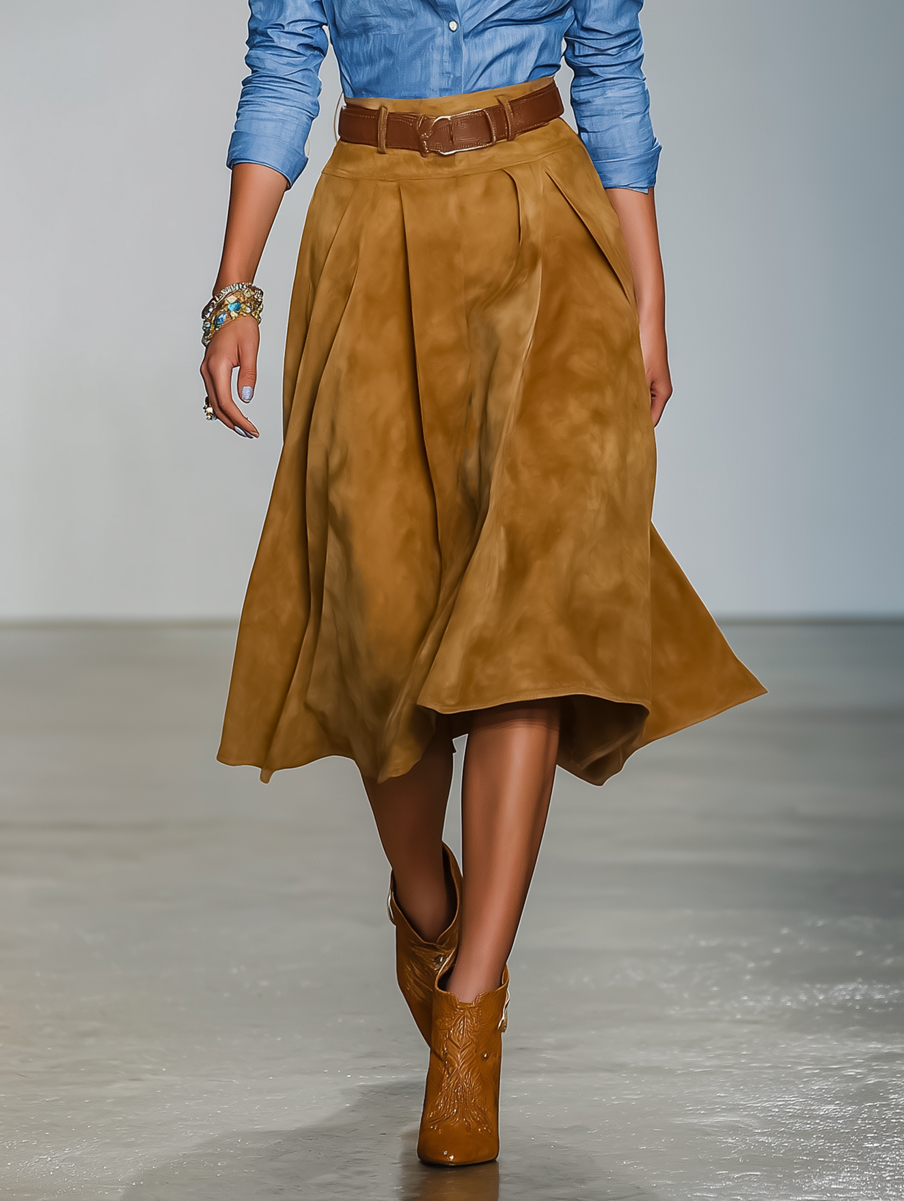 Women's Minimalist Shirt And Faux Suede Skirt Set (belt Not Included) MDA2745K9Y