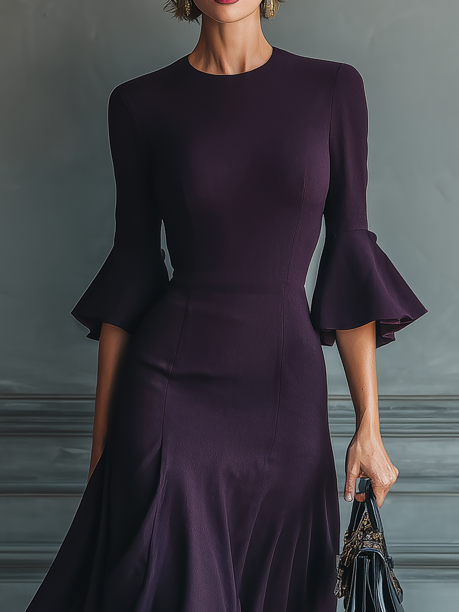 Women's Dark Purple Flared Sleeve Waisted Midi Dress MDA3025G6T