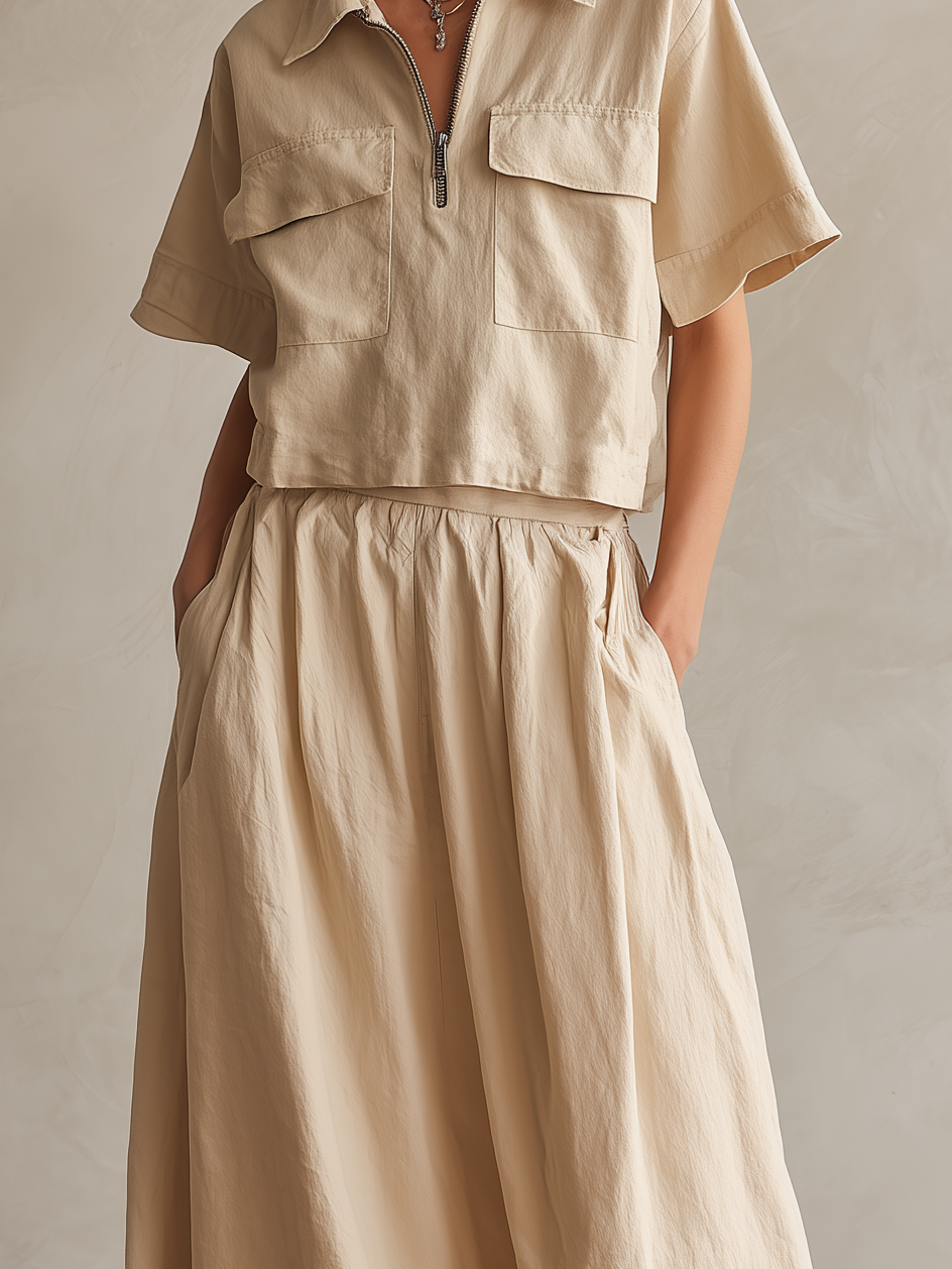 Women's Elegant Beige Woven Shirt Collar Short-sleeved Top Paired With A Skirt Set MDZ0382C5AN