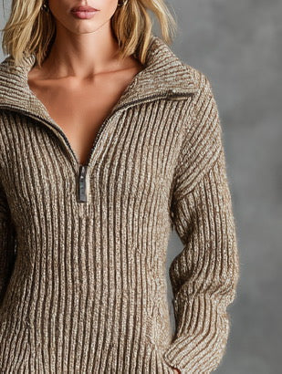 Women's Casual Mid-Length Sweater Dress With Adjustable Neckline And Zipper MDA0495K2AN