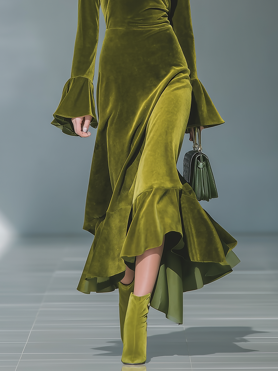 Women's Emerald Green High-neck Ruffled Irregular Hem Maxi Dress MDA2960J9T