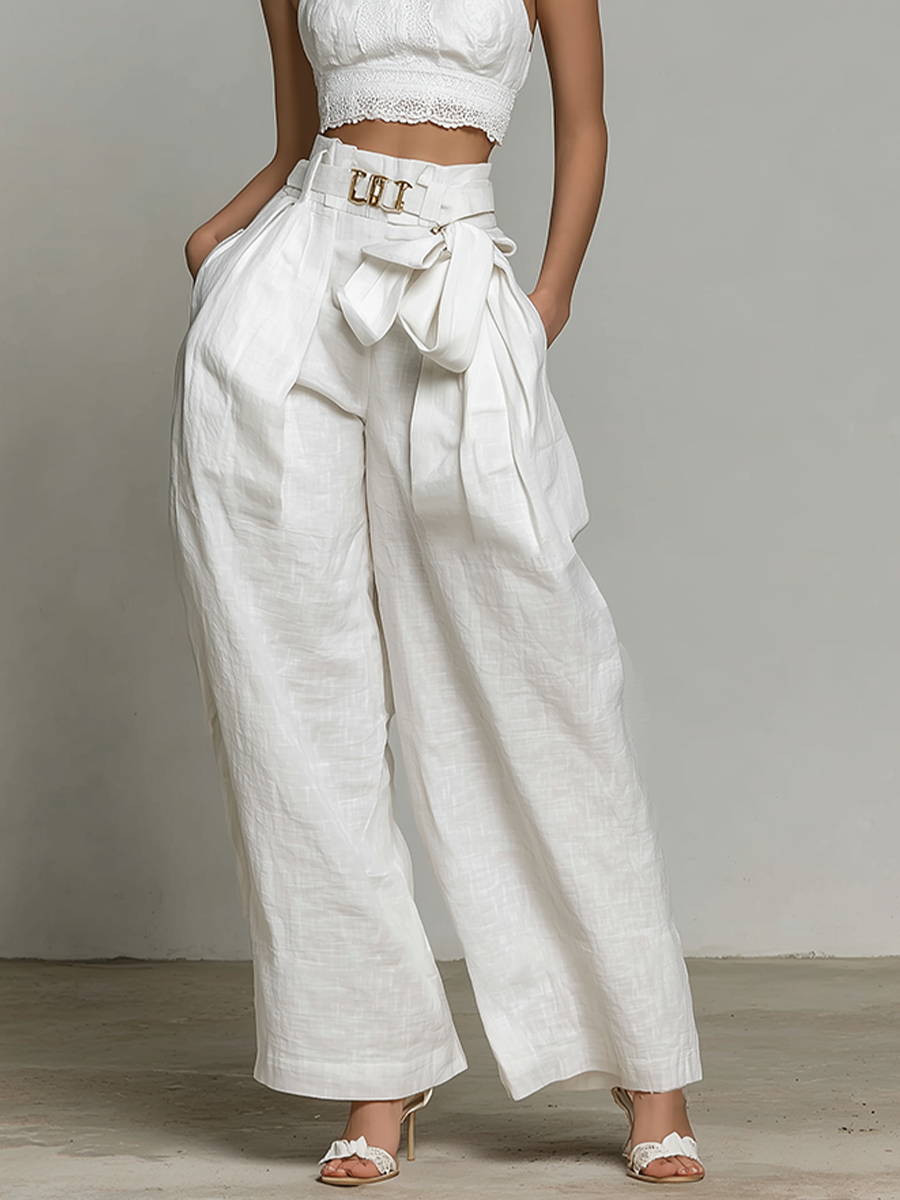 Women's White Linen Set With Halter Lace Crop Top & Belted Wide-Leg Pants, Timeless Elegant-Chic Style Set MDZ0263C9I