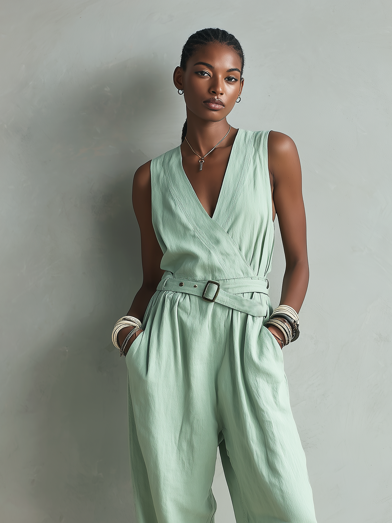 Women's Elegant Light Green Cotton Linen V-neck Sleeveless Jumpsuit MDZ2569B7AN