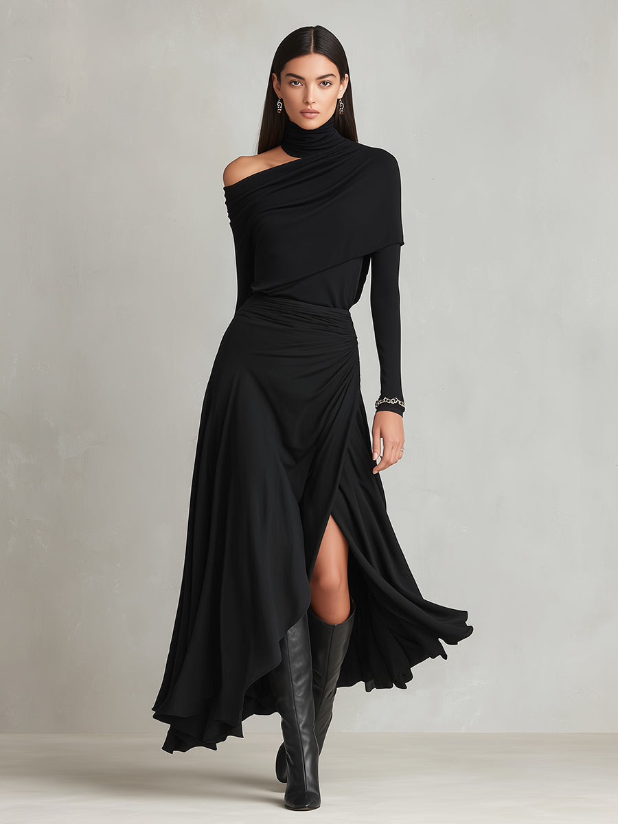 Women's Black Stretchy Knit Set With Off-the-Shoulder Top & High-Slit Maxi Skirt, Timeless Edgy Style Set MDA1014L6I