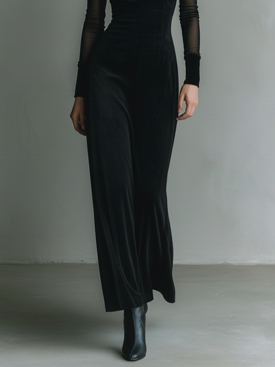 Women's Black Velvet Fabric Sheer-Sleeve Cross-Halter Cutout Maxi Dress MDA2262L6T