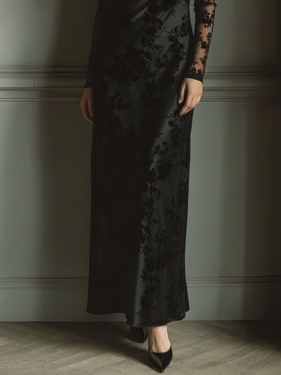 Women's Black Floral Stretch Lace Panelled Spaghetti Strap Long Dress MDA1694L3T