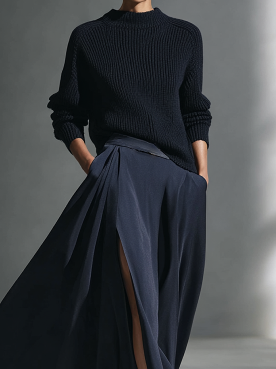 Women's Elegant Dark Blue Textured Pleated Fabric Shirt And Dress Set MDA1730K2AP