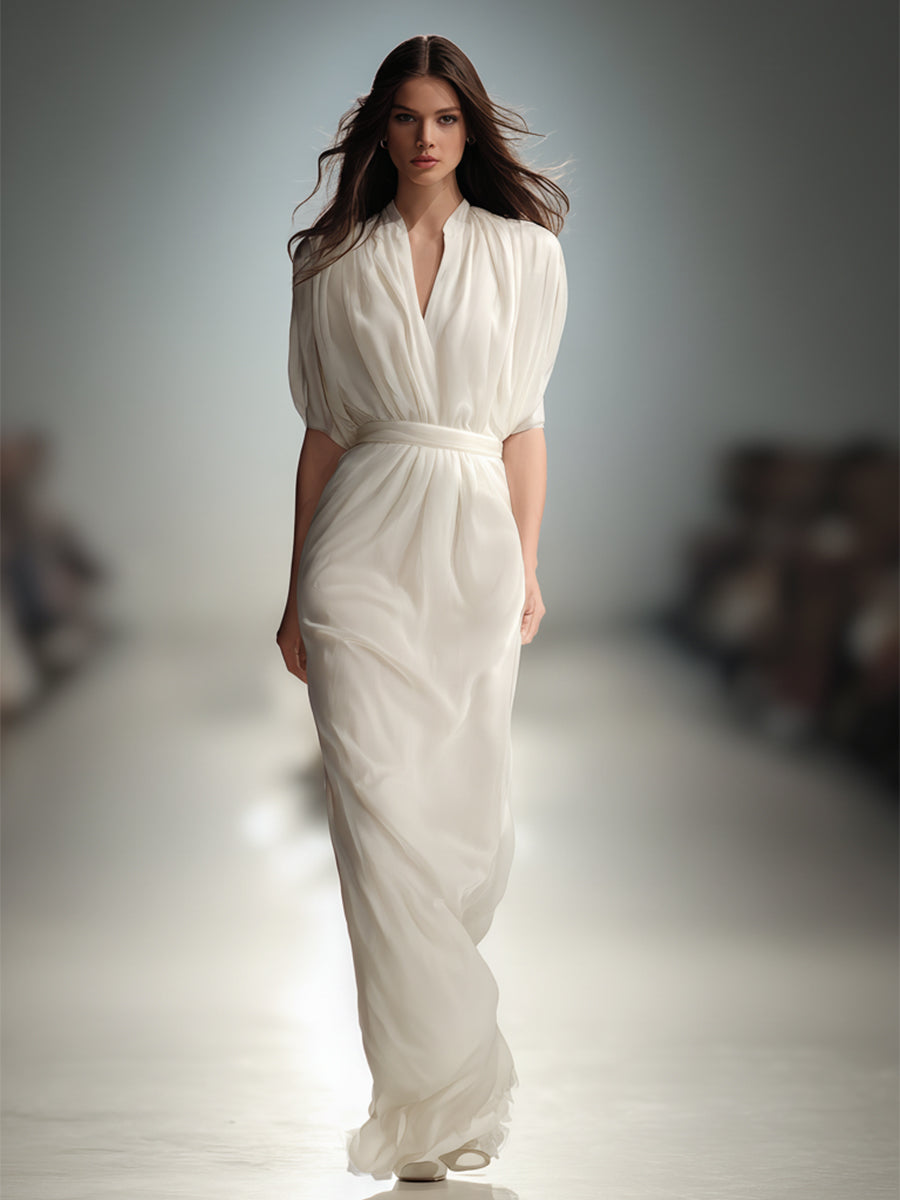 Women's Ivory Chiffon Dress With Puff Sleeves & Self-Tie Belt, Timeless Romantic-Luxe Style Dress MDA2517L8I