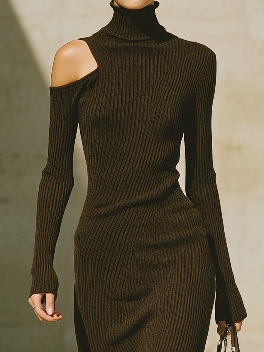Women's Cold Shoulder Ribbed Dark Green Midi Dress MDZ2847H5YZJ