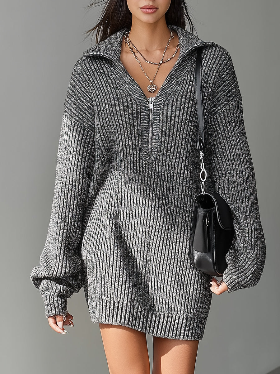 Women's Grey Chic Ribbed Knit Half - Zip Sweater Dress MDA1681I0I
