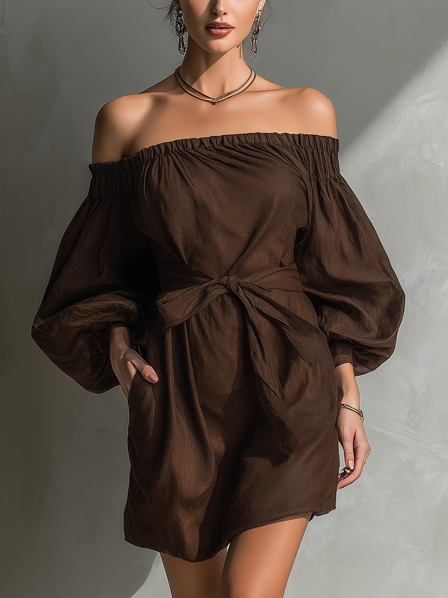 Women's Brown Linen Fabric Off-Shoulder Puff-Sleeve Belted Mini Dress MDA2219L6T