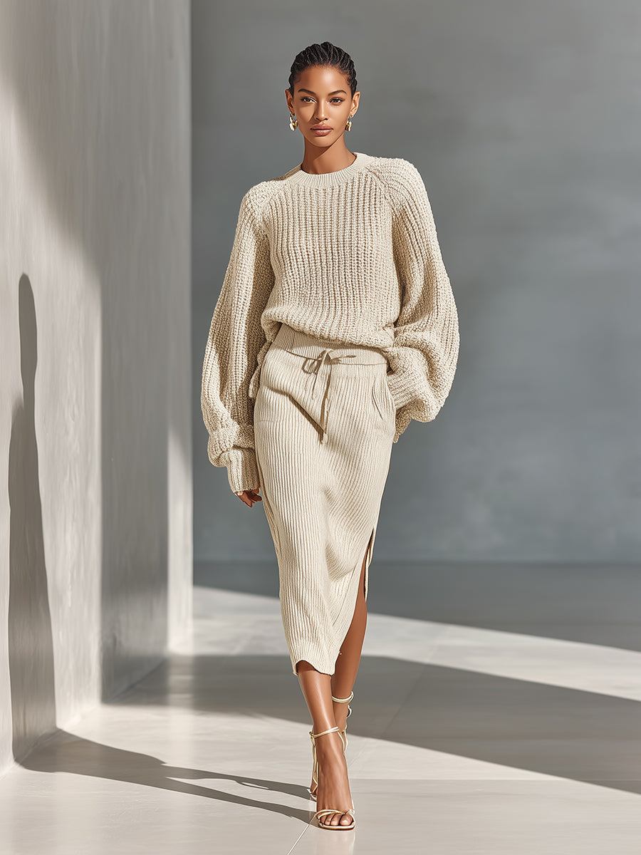 Women's Beige Elegant Ribbed Knit Balloon - Sleeve Sweater And Slit Midi Skirt Set MDA1631I6I
