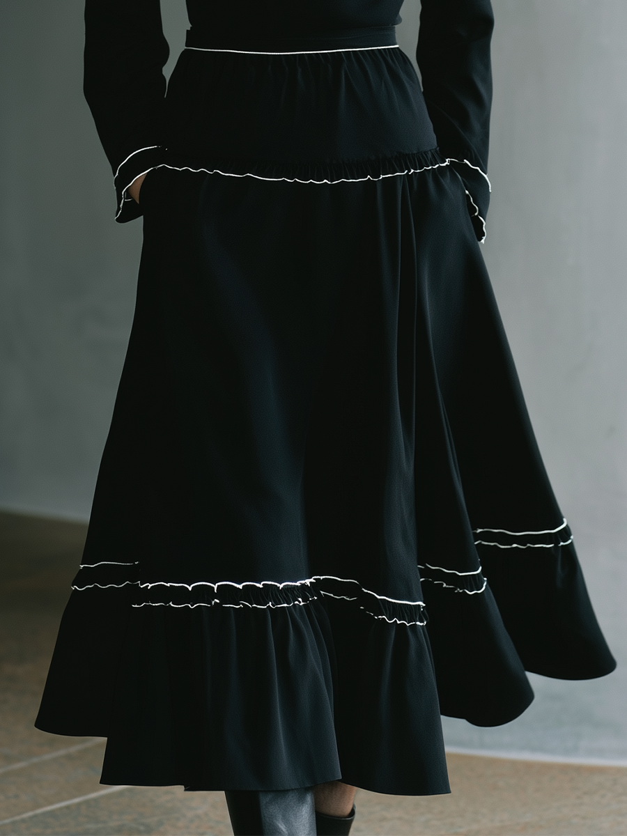 Women's Black Chiffon Color-Blocked Piping V-Neck Long-Sleeve Midi Dress MDA0820K4T