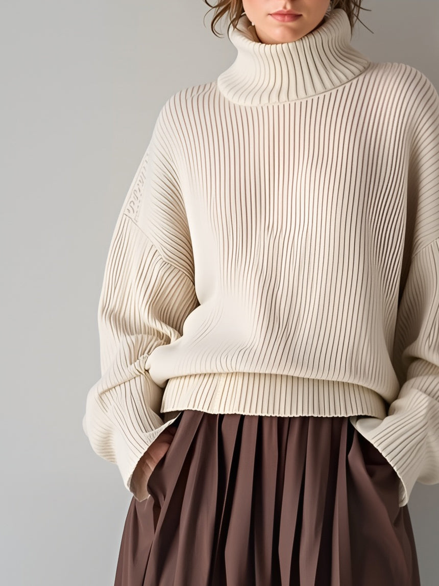 Women's Casual And Comfortable Off-white Turtleneck Loose Sweater Paired With A Brown Pleated Midi Skirt MDA0756K5AN