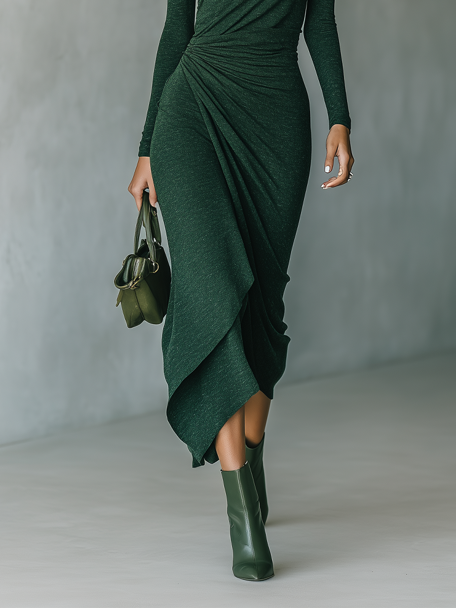 Women's Dark Green High-elastic Knitted High-neck Wrap Dress Midi Dress MDA2023J2T