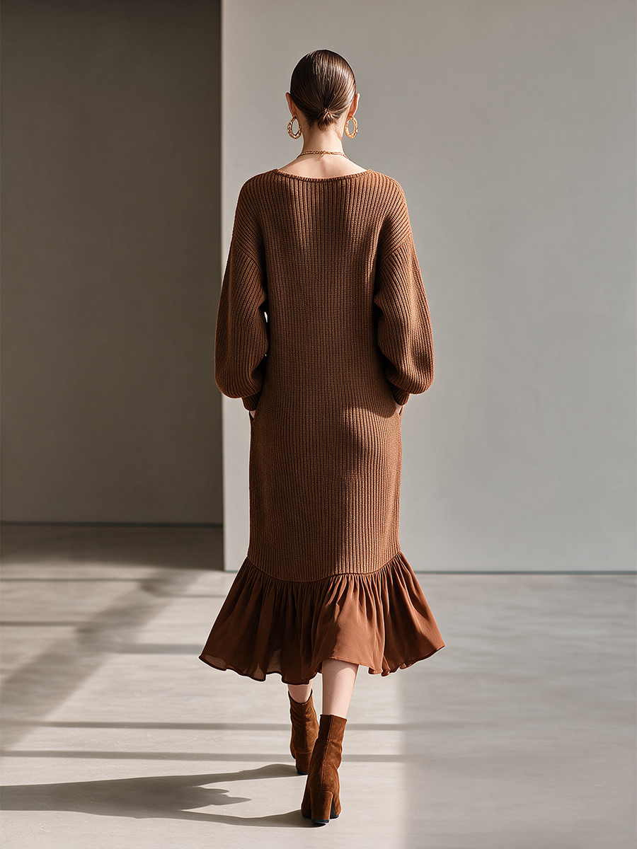 Women's U-Neck Balloon-Sleeve Ruffle-Hem Knit Midi Dress MDZ2612H8CMX
