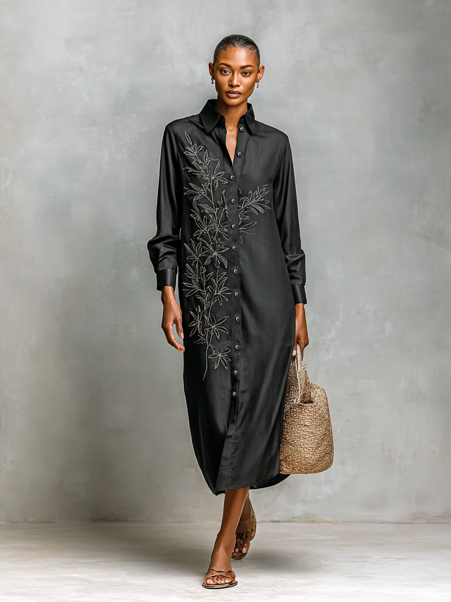 Women's Leaf Embroidered Long Sleeve Shirt Midi Dress MDA1411H5Y