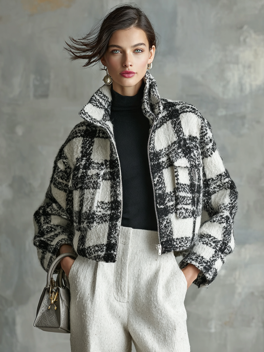 Women's Loose Plaid Wool Blend Zipper Stand Collar Cropped Jacket MDA0915I5Y