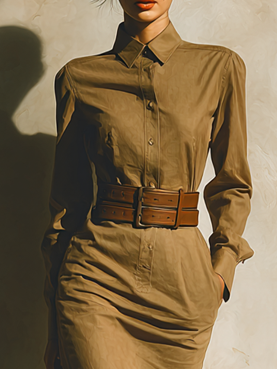 Women's Khaki Cotton Blend Fitted Waisted Maxi Dress (Without Belt) MDA0528H1T