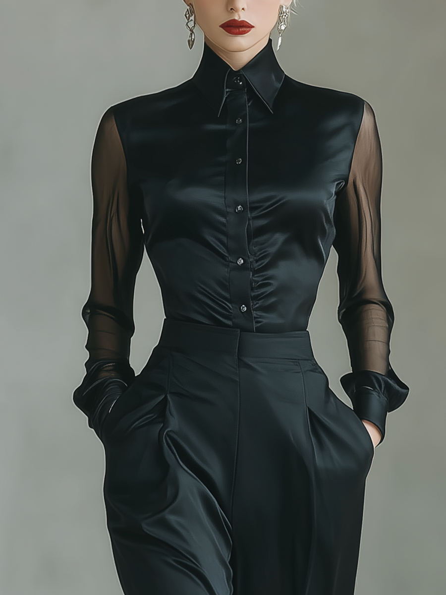 Women's Black Satin Sheer-sleeved Collared Shirt And High-waisted Flared Trousers Set MDA1955L8T