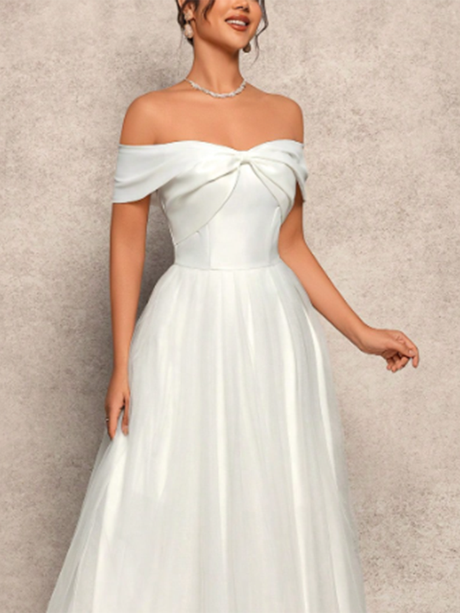 Simple Bow-knot Tube Top One-shoulder Mesh Patchwork Waist Wedding Dress MDA2003F5Y