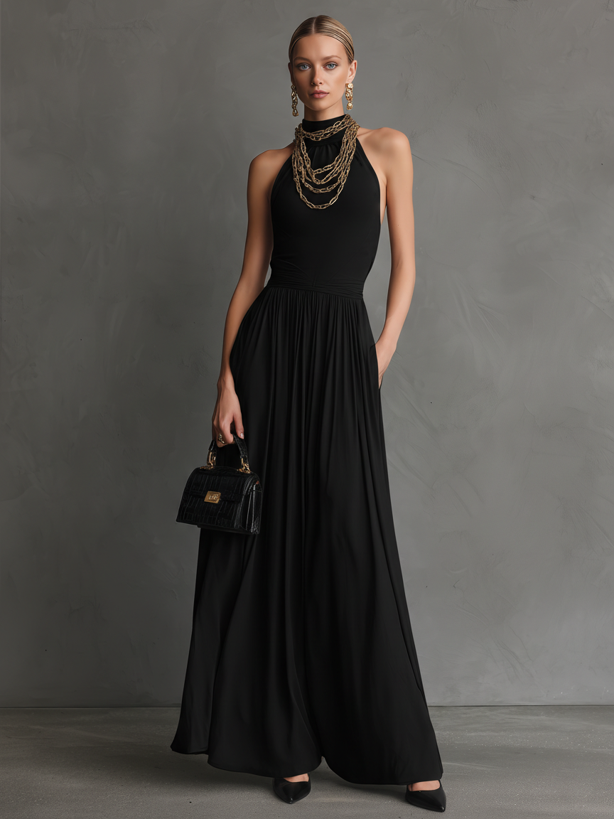 Women's Elegant Black Stretch Knit Round Neck Sleeveless Long Dress MDZ1299B8AN
