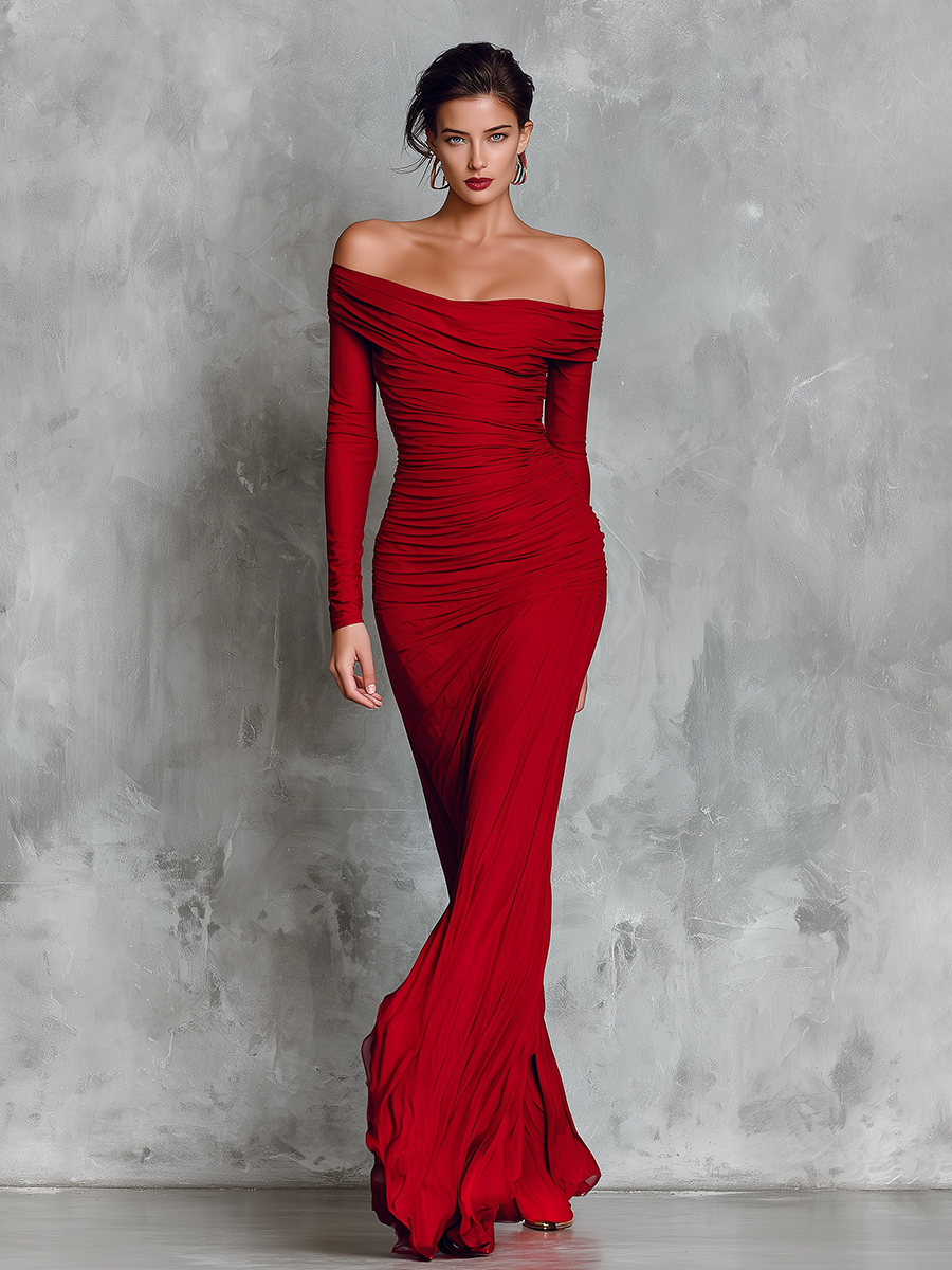 Women's Red Glamorous Silk - Blend Off - Shoulder Ruched Maxi Dress MDA1991I2I