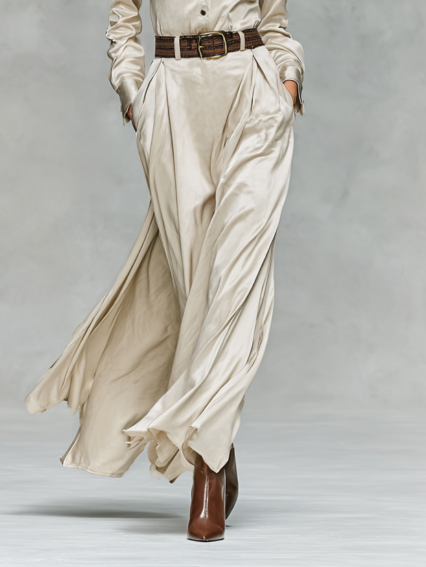 Women's Satin Double Chest Strap Long-sleeved Shirt Maxi Dress MDA3046G9Y