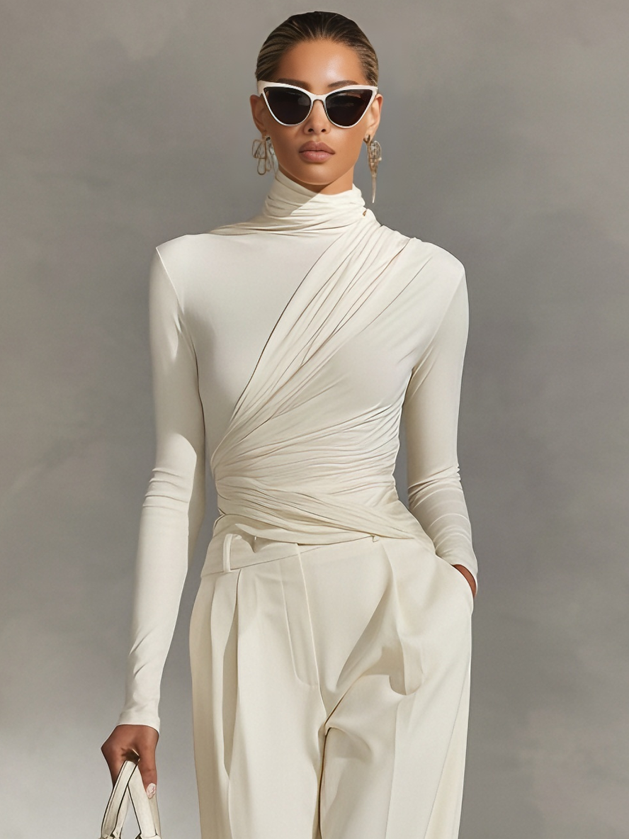Women's Sleek Milk Silk & Cotton-Blend Ivory Turtleneck Asymmetrical Ruched Top & Wide-Leg Pants Set MDA1749L8AU