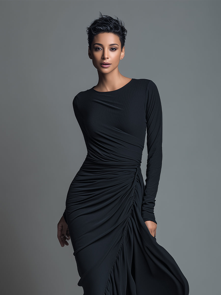 Women's Black Elegant Jersey Knit Ruched Maxi Dress MDA1541H1I
