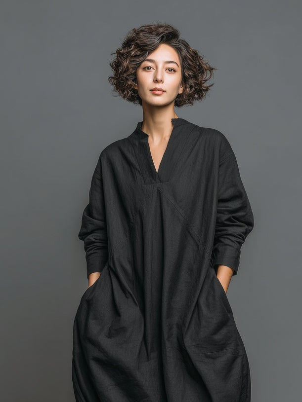 Women's Fashionable And Casual Black V-neck Loose Cocoon-shaped Long-sleeved Dress MDA1978K4AN