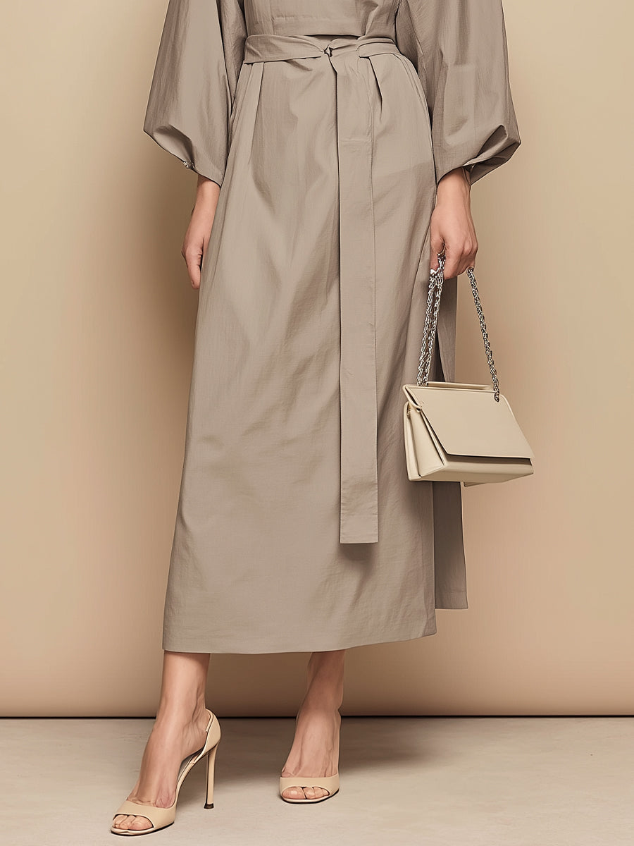 Women's Taupe Crisp Cotton Elegant Dress With Balloon Sleeves & Self-Tie Belt, Minimalist Chic Style Dress MDA0416K4I