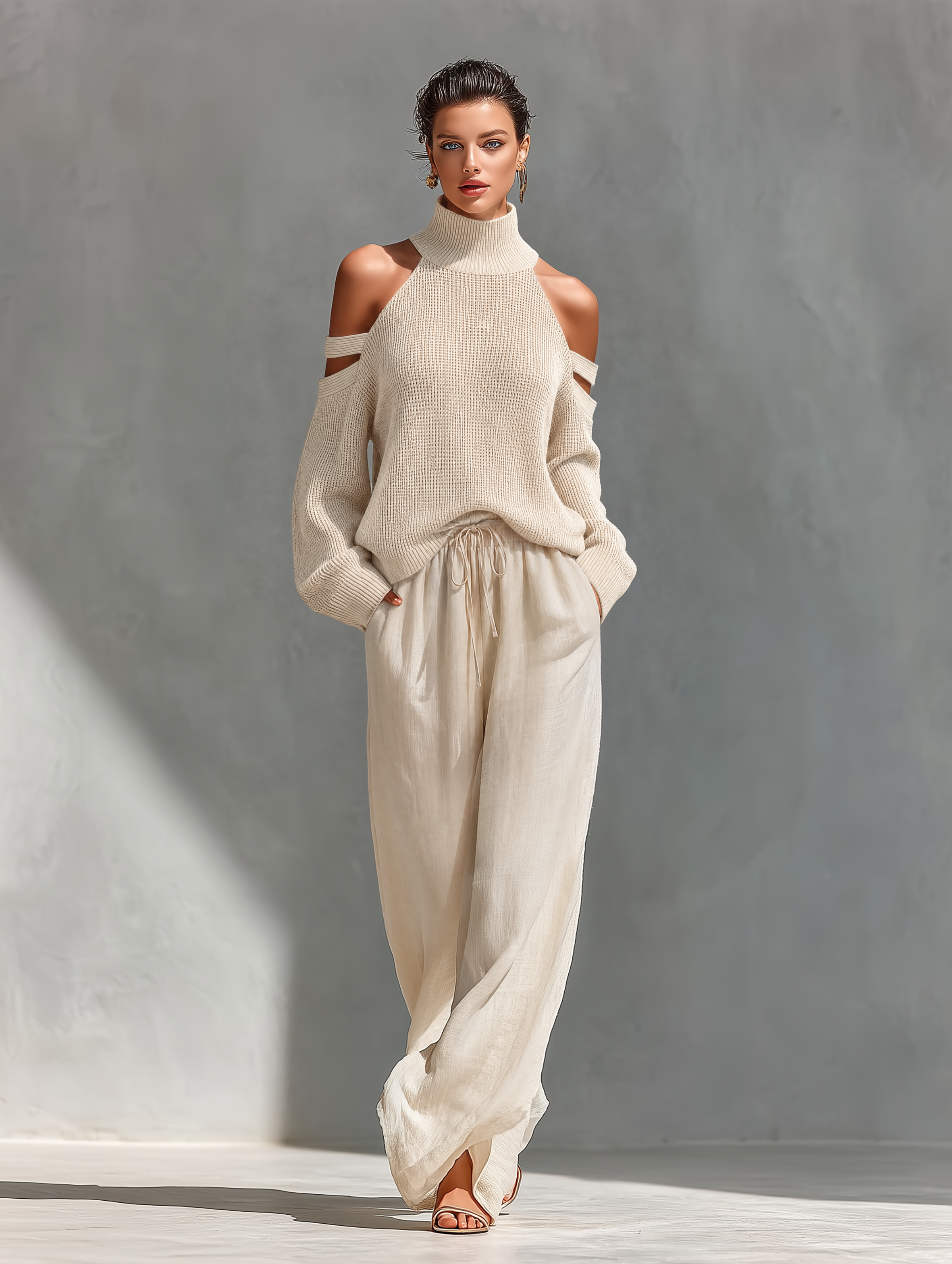 Women's Beige Knit Fabric Cold-Shoulder Turtleneck Top & Wide-Leg Pants Set MDZ0984A5T