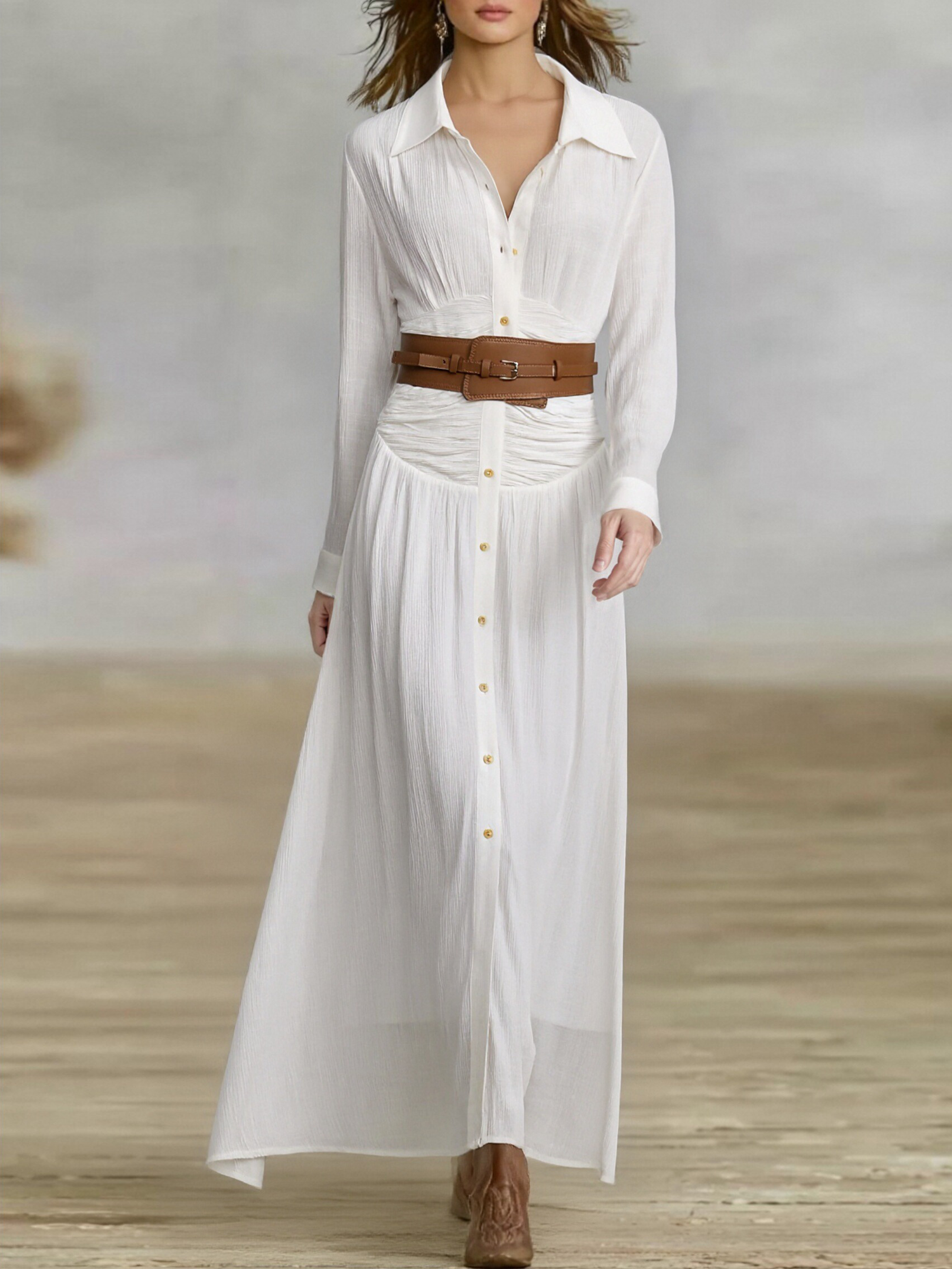 Women's Imitation Cotton And Linen Pleated Lapel Single-breasted Long-sleeved Maxi Dress MDA1768I7Y