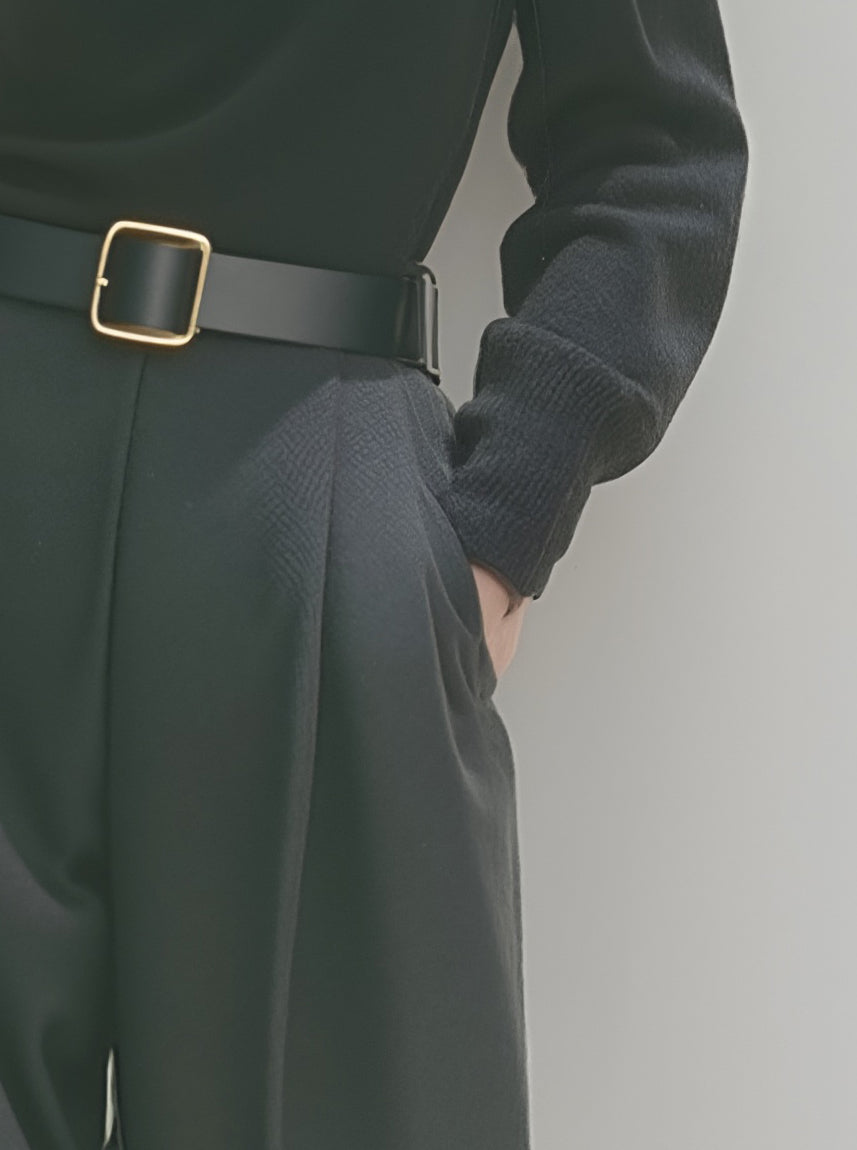 Women's Elegant And Simple V-neck Slim-fit Long-sleeved Dark Gray Knit Top Paired With Gray Wide-leg Suit Trousers MDA0888K5AN